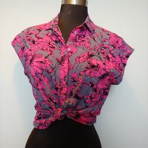 Pink and Grey Floral Button Down Blouse